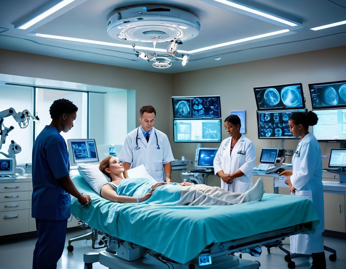 An empowered patient recovering in a modern hospital room, surrounded by advanced surgical equipment glowing softly, with a healthcare team of diverse professionals engaged in technology-driven solutions. Include elements like holographic displays of medical data and robotic surgical tools, symbolizing innovation in cancer care. The atmosphere is bright and hopeful, conveying a sense of healing and advancement. super-realistic. vibrant colors. soft focus.