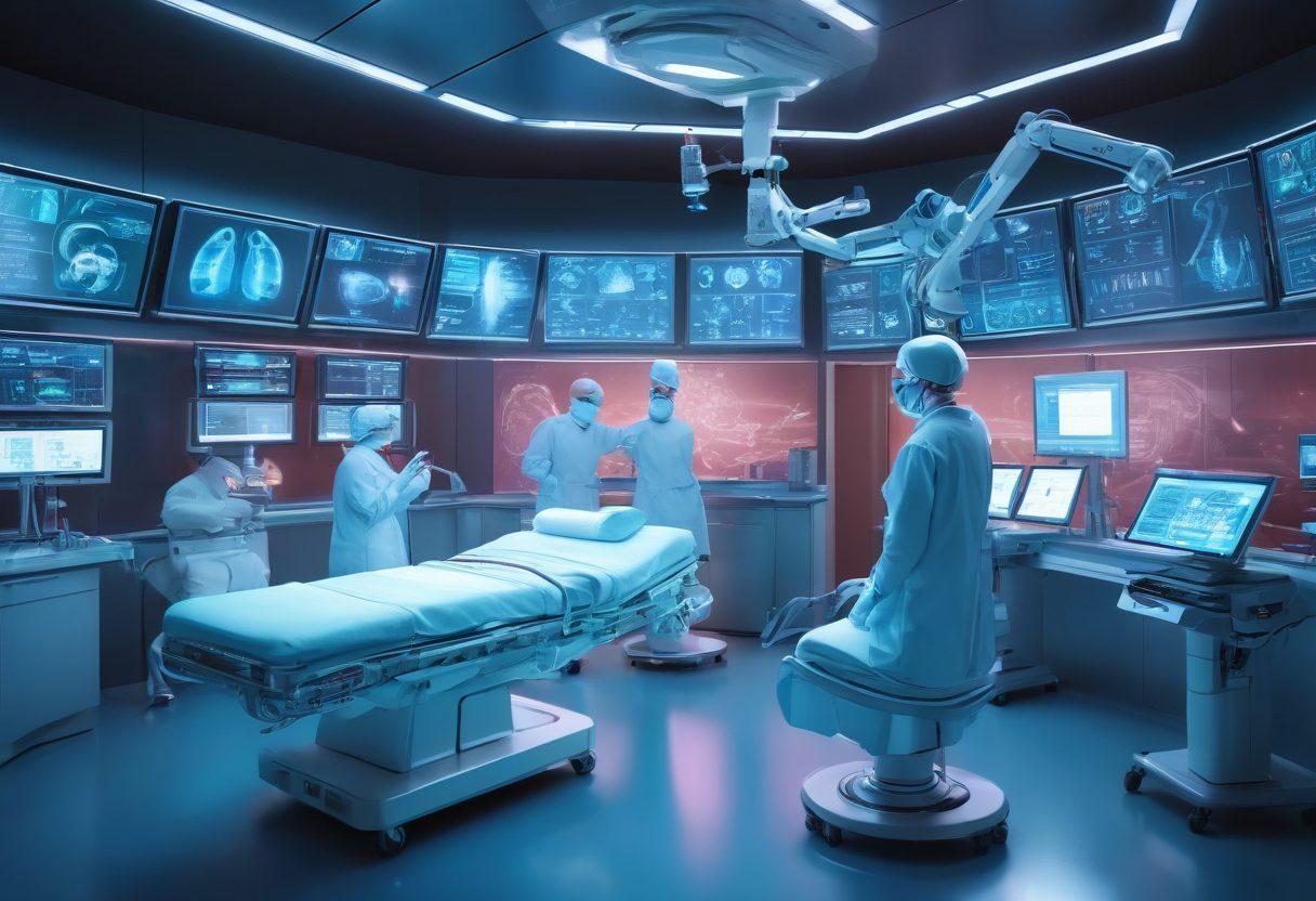 A visually striking illustration of a futuristic hospital operating room, showcasing advanced robotic surgical tools delicately working on a patient, surrounded by glowing monitors displaying real-time data. Include a diverse team of skilled medical professionals in the background, demonstrating collaboration and precision. The atmosphere should convey hope and innovation in cancer treatment. super-realistic. vibrant colors. 3D.